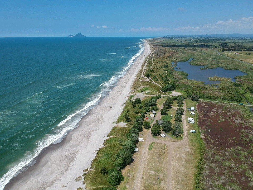 The Matatā Recreation Reserve campsite directly behind the surf. Wildlife refuge wetlands one side, beach break peaks the oth