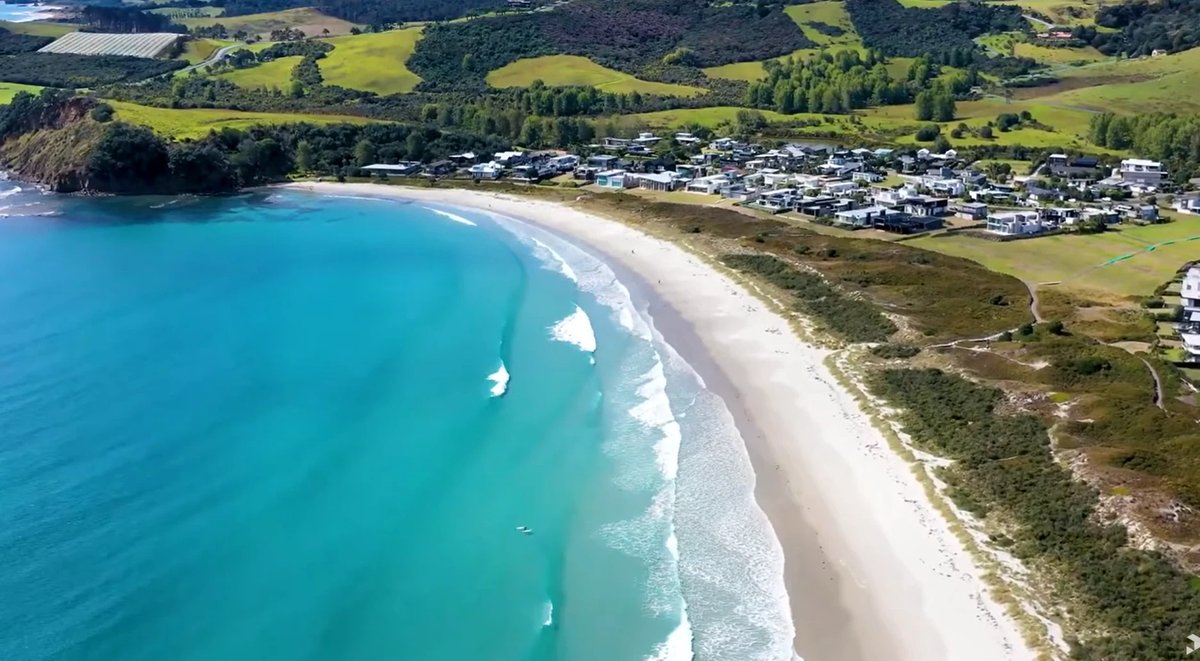 Looking back over the spit toward the village, Omaha surf spot, Auckland / Rodney, New Zealand.