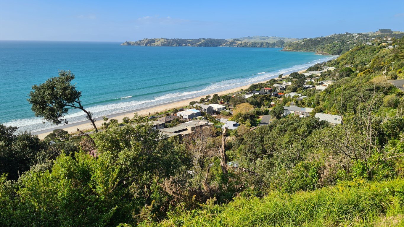 Looking down Onetangi from the dunes, Onetangi (Waiheke) surf spot, Auckland / Rodney, New Zealand.